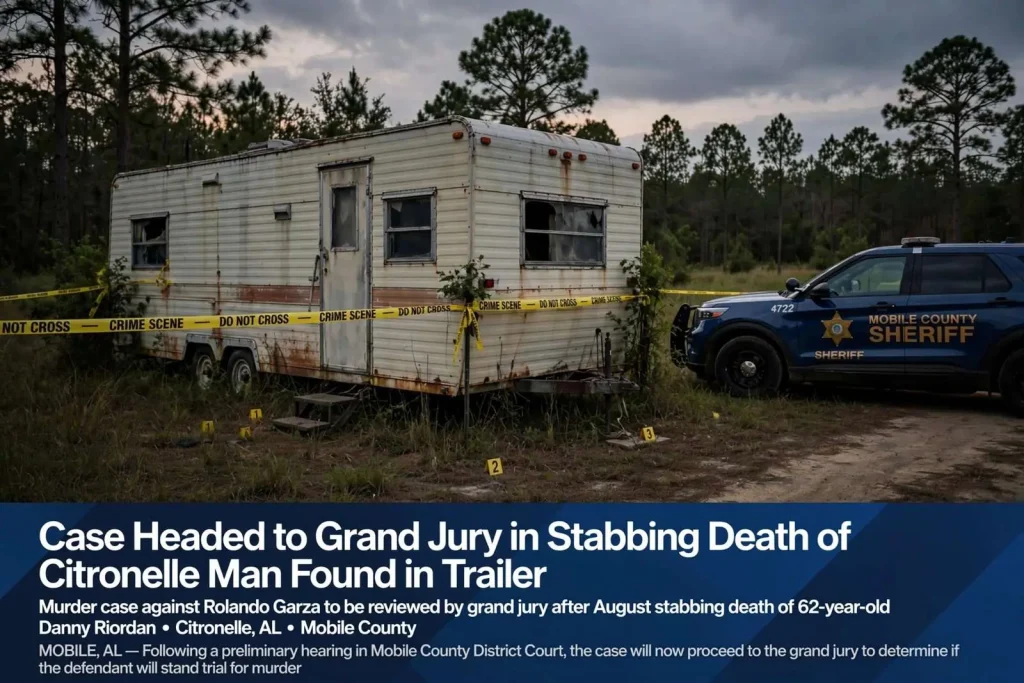 Illustration for the news story: Case Headed to Grand Jury in Stabbing Death of Citronelle Man Found in Trailer