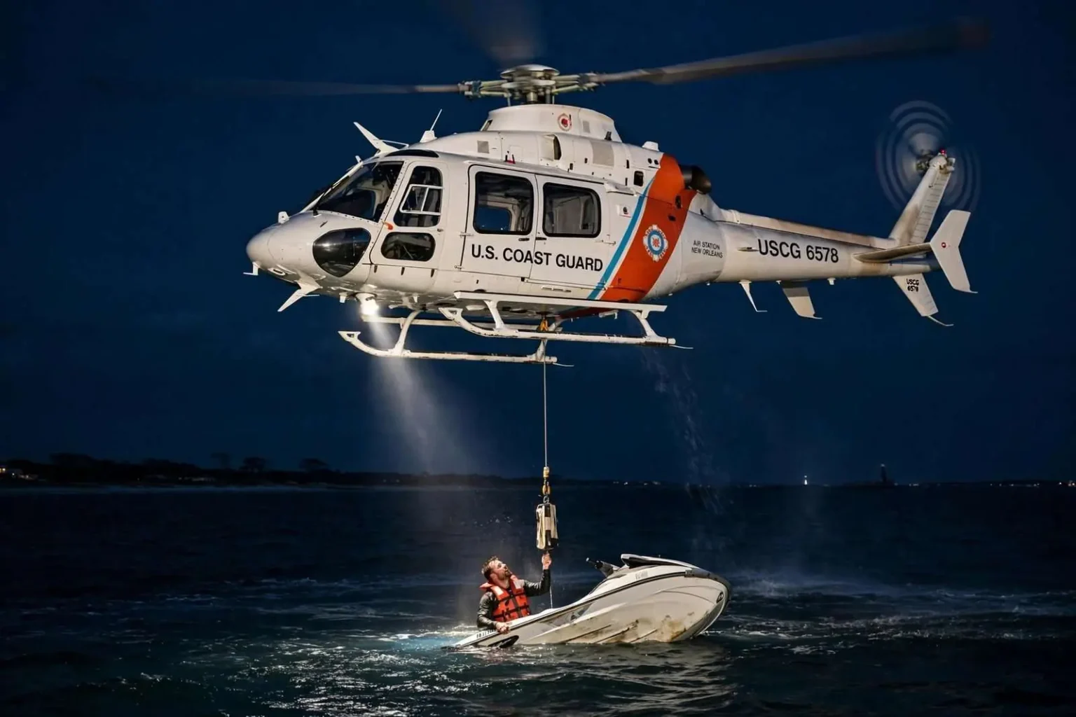 Illustration for the news story: Coast Guard Helicopter Rescues Overdue Boater Off Dauphin Island After Personal Watercraft Capsizes