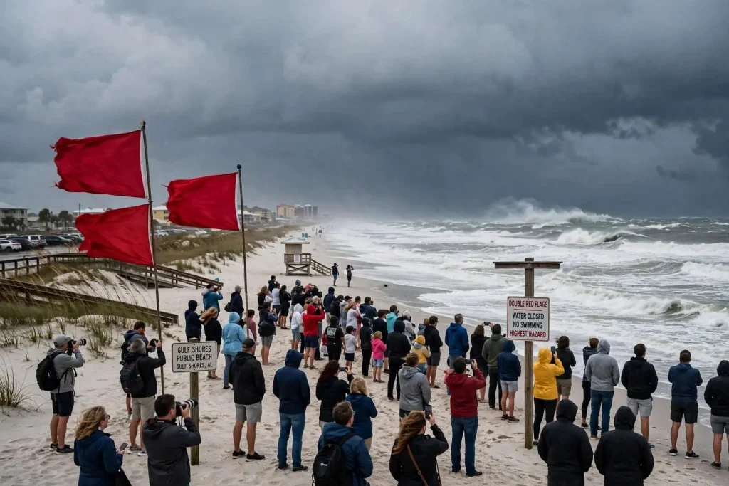 Illustration for the news story: Crowds Hit Gulf Shores Beach as Hurricane Sally Churns Up the Gulf