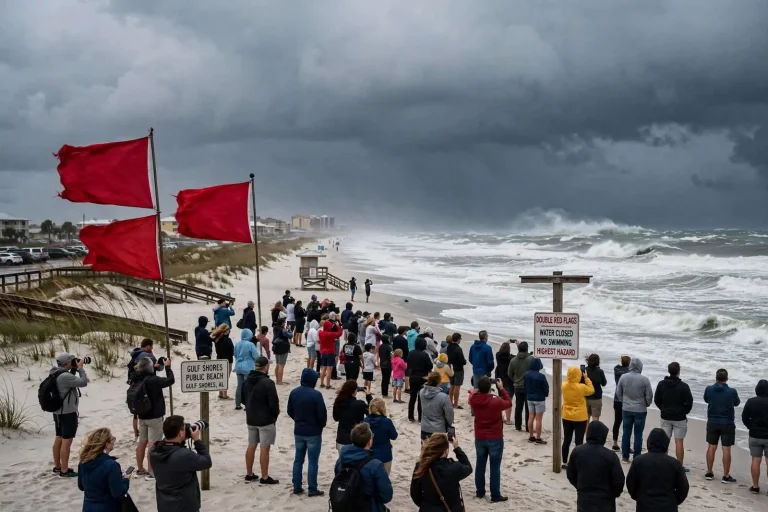 Illustration for the news story: Crowds Hit Gulf Shores Beach as Hurricane Sally Churns Up the Gulf