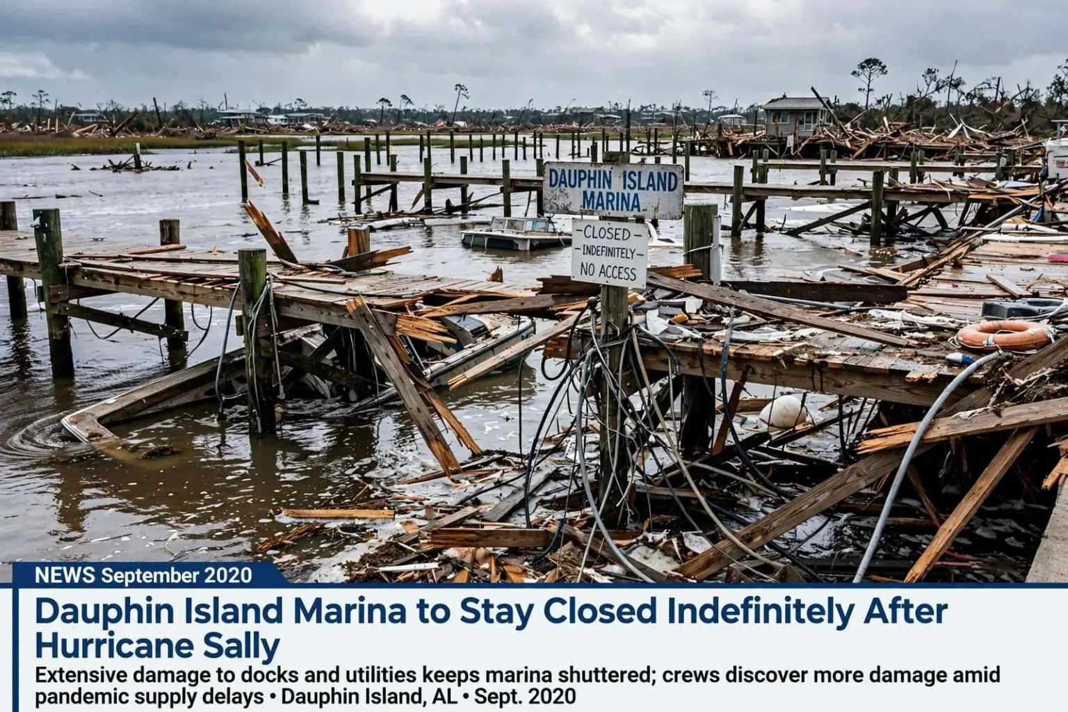 Illustration for the news story: Dauphin Island Marina to Stay Closed Indefinitely After Hurricane Sally