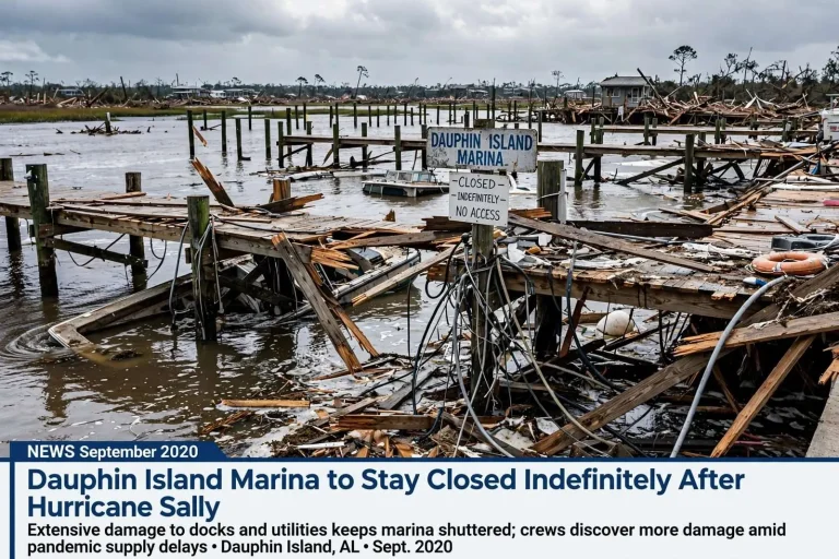 Illustration for the news story: Dauphin Island Marina to Stay Closed Indefinitely After Hurricane Sally