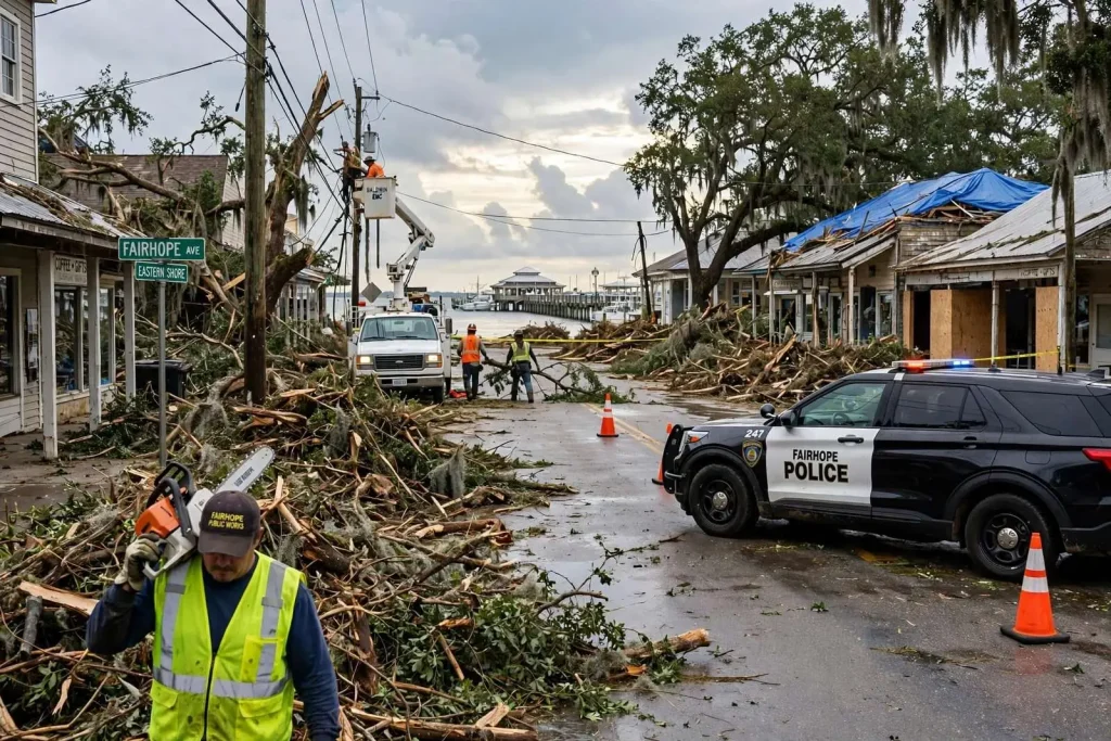 Illustration for the news story: Fairhope Lifts Hurricane Sally Curfew as Debris Cleanup Continues