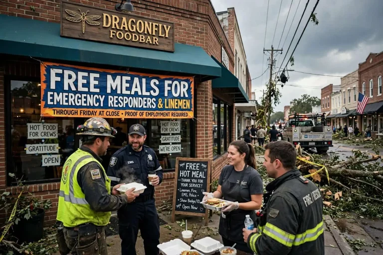 Illustration for the news story: Fairhope’s Dragonfly Foodbar offers free meals to emergency responders and linemen