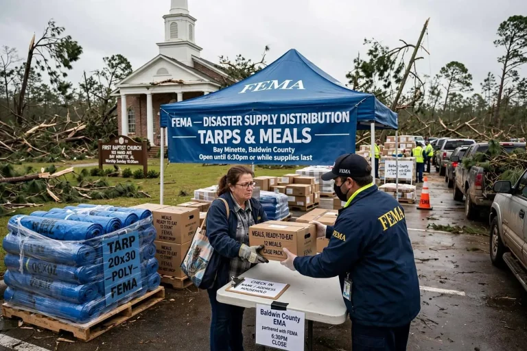 Illustration for the news story: FEMA Distributing Tarps, Meals in Bay Minette After Hurricane Sally