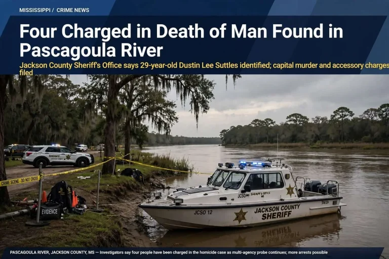 Illustration for the news story: Four charged in death of man found in Pascagoula River, Jackson County sheriff says