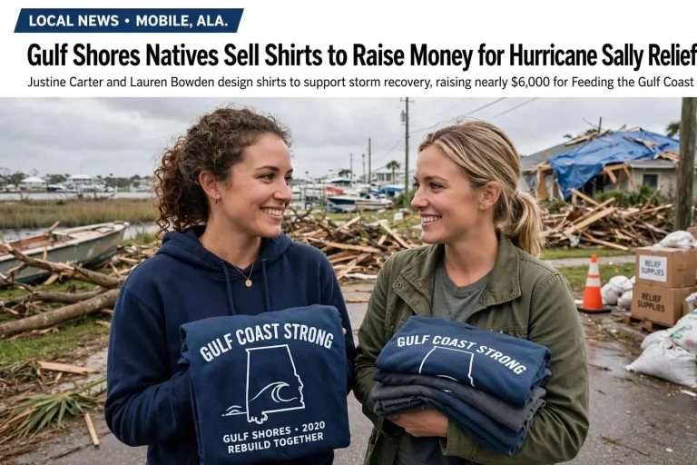 Illustration for the news story: Gulf Shores Natives Sell Shirts to Raise Money for Hurricane Sally Relief