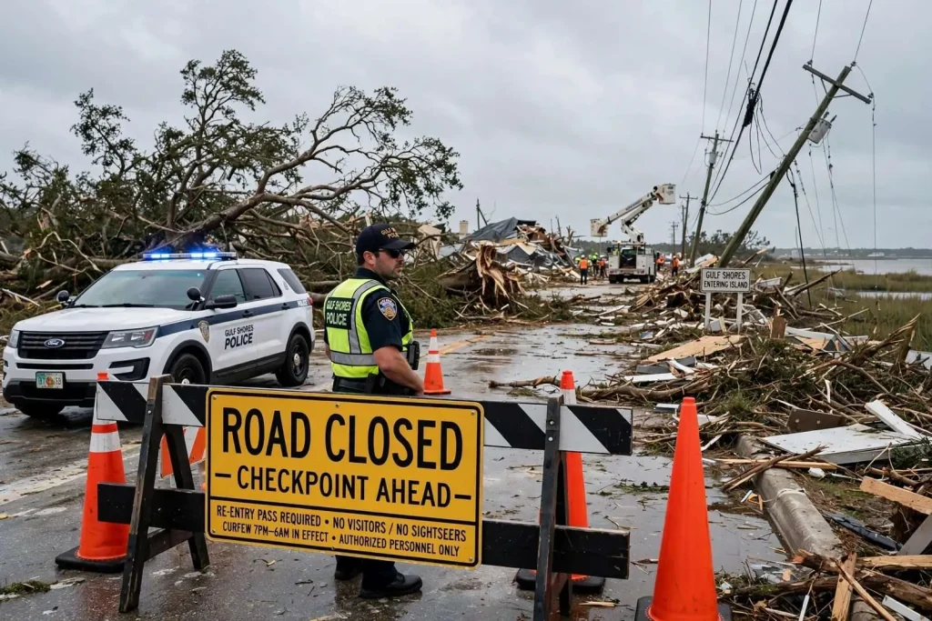 Illustration for the news story: Gulf Shores Police Keep Visitors Off Island as Hurricane Sally Cleanup Continues