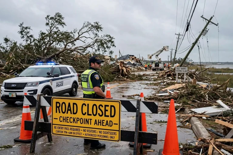 Illustration for the news story: Gulf Shores Police Keep Visitors Off Island as Hurricane Sally Cleanup Continues