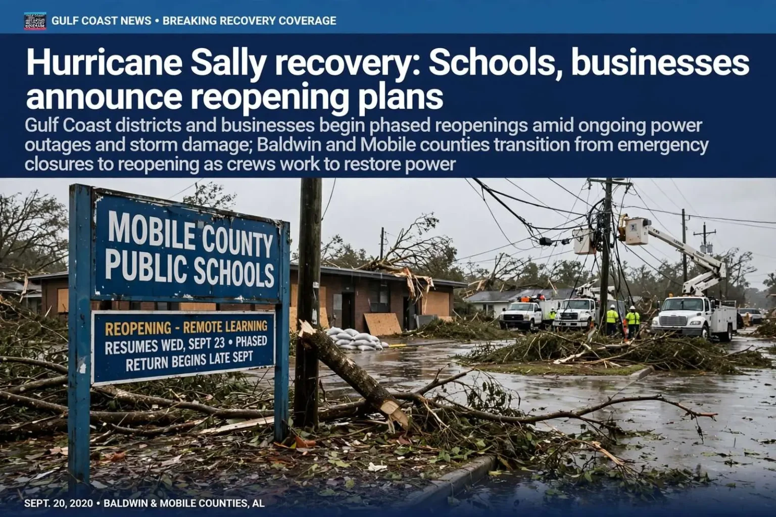 Illustration for the news story: Hurricane Sally recovery: Schools, businesses announce reopening plans