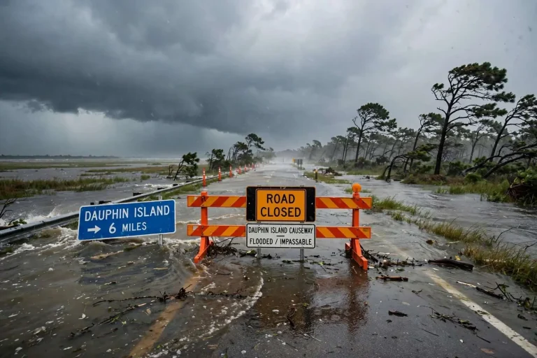 Illustration for the news story: Hurricane Sally Weakens to Category 1 but Slow Crawl Toward Mobile Bay Keeps Flood Threat High