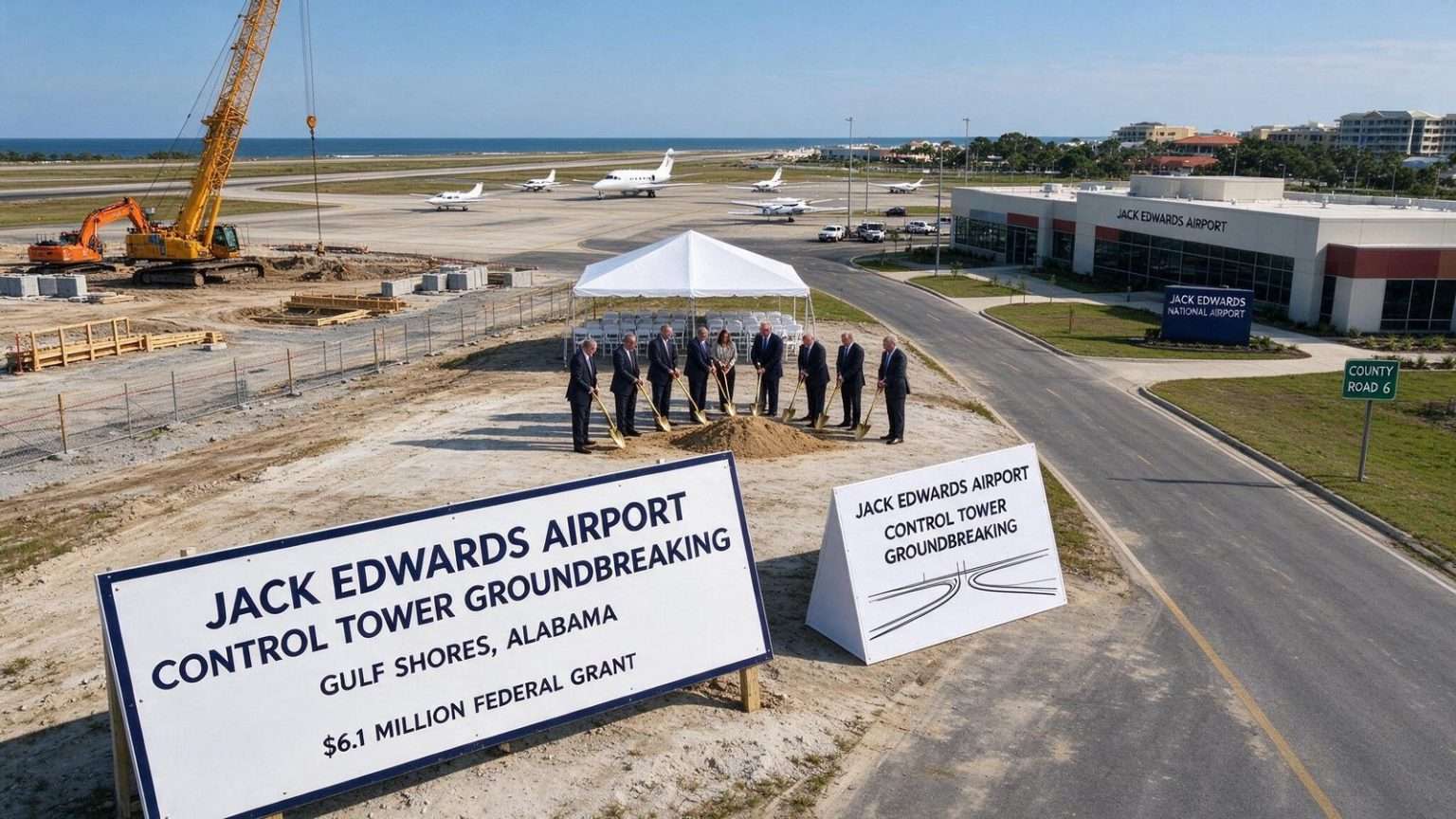 Illustration for the news story: Jack Edwards Airport breaks ground on control tower, eyes passenger service for Gulf Shores