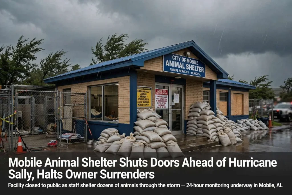 Illustration for the news story: Mobile Animal Shelter Shuts Doors Ahead of Hurricane Sally, Halts Owner Surrenders