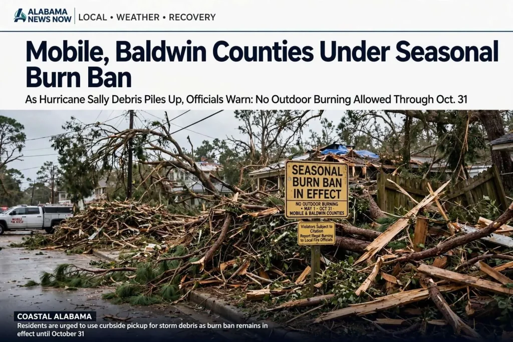 Illustration for the news story: Mobile, Baldwin Counties Under Seasonal Burn Ban as Hurricane Sally Debris Piles Up