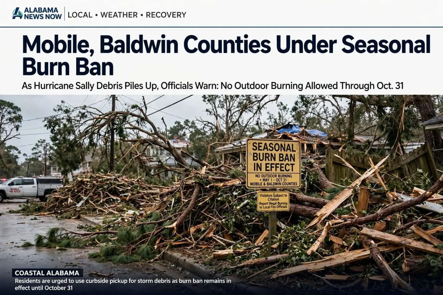 Illustration for the news story: Mobile, Baldwin Counties Under Seasonal Burn Ban as Hurricane Sally Debris Piles Up