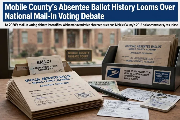 Illustration for the news story: Mobile County’s Absentee Ballot History Looms Over National Mail-In Voting Debate