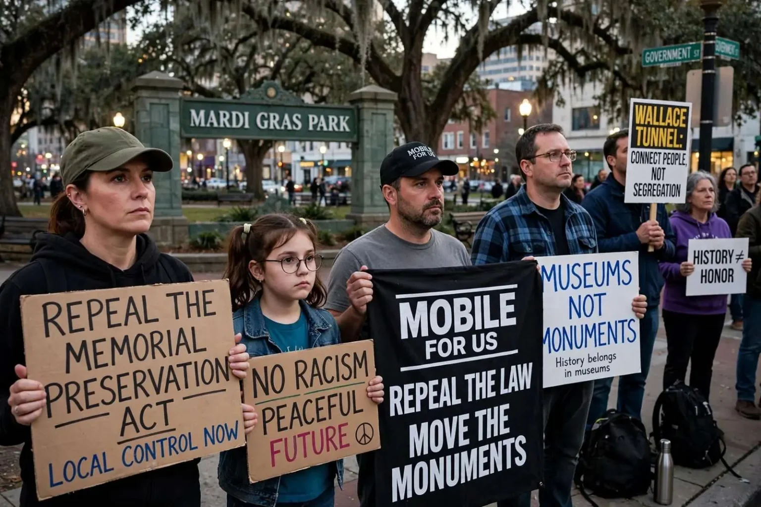 Illustration for the news story: Mobile demonstrators call for repeal of Alabama’s monument protection law