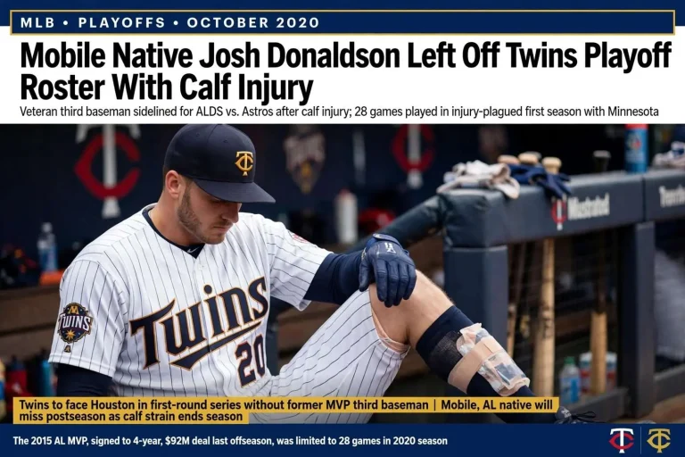 Illustration for the news story: Mobile Native Josh Donaldson Left Off Twins Playoff Roster With Calf Injury
