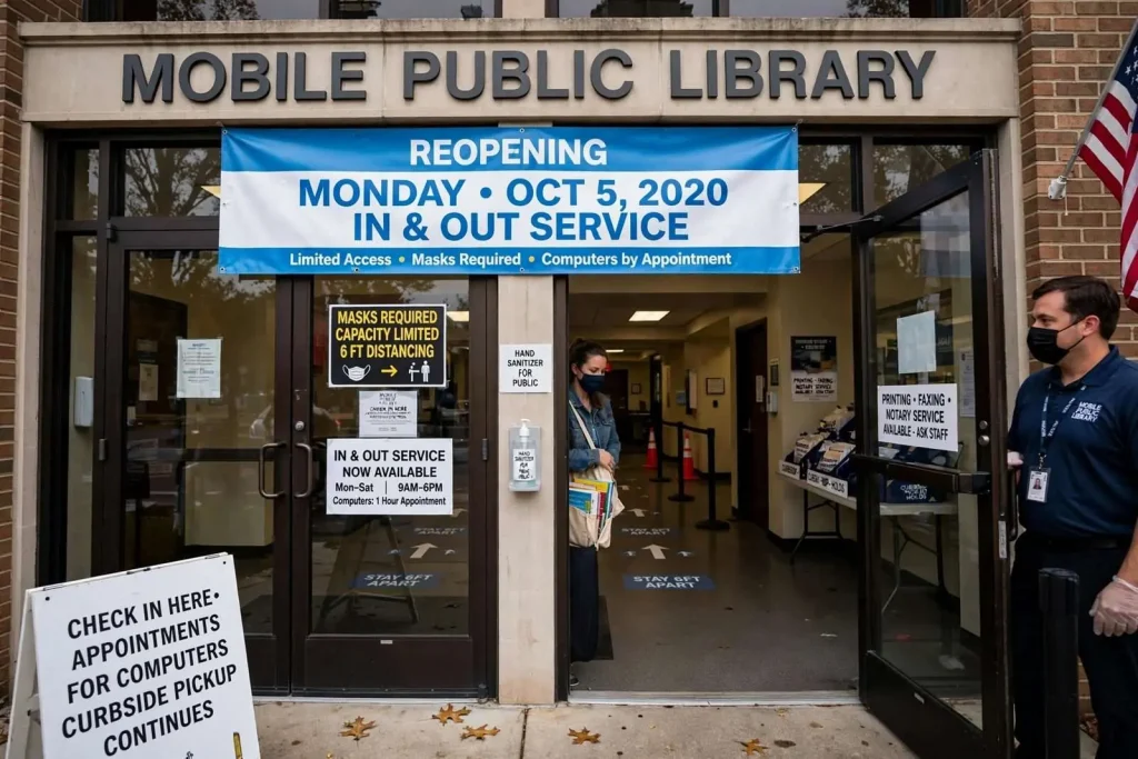Illustration for the news story: Mobile Public Library locations to reopen for ‘In and Out’ service