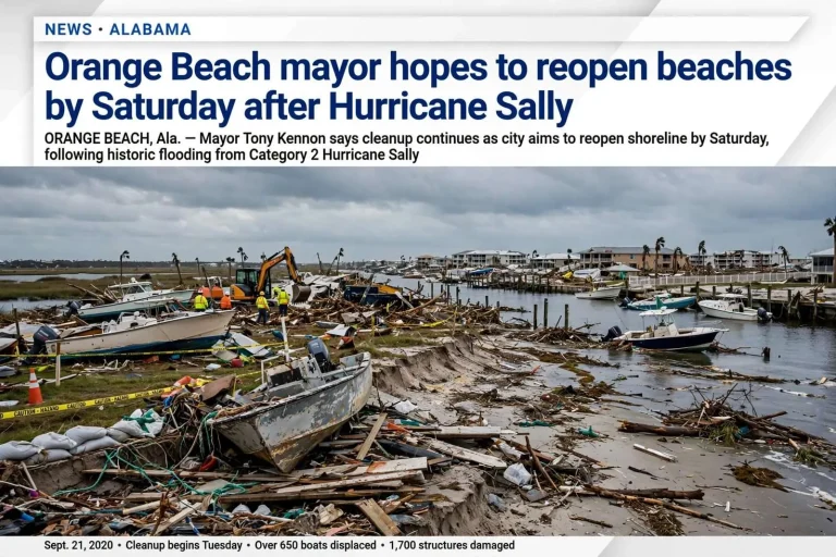 Illustration for the news story: Orange Beach mayor hopes to reopen beaches by Saturday after Hurricane Sally