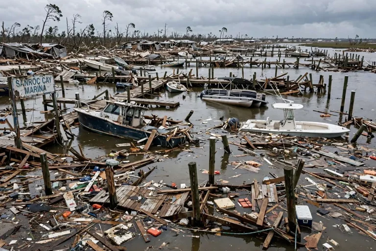 Illustration for the news story: Sally Ripped Up Docks and Sank Boats at Orange Beach’s Sanroc Cay Marina