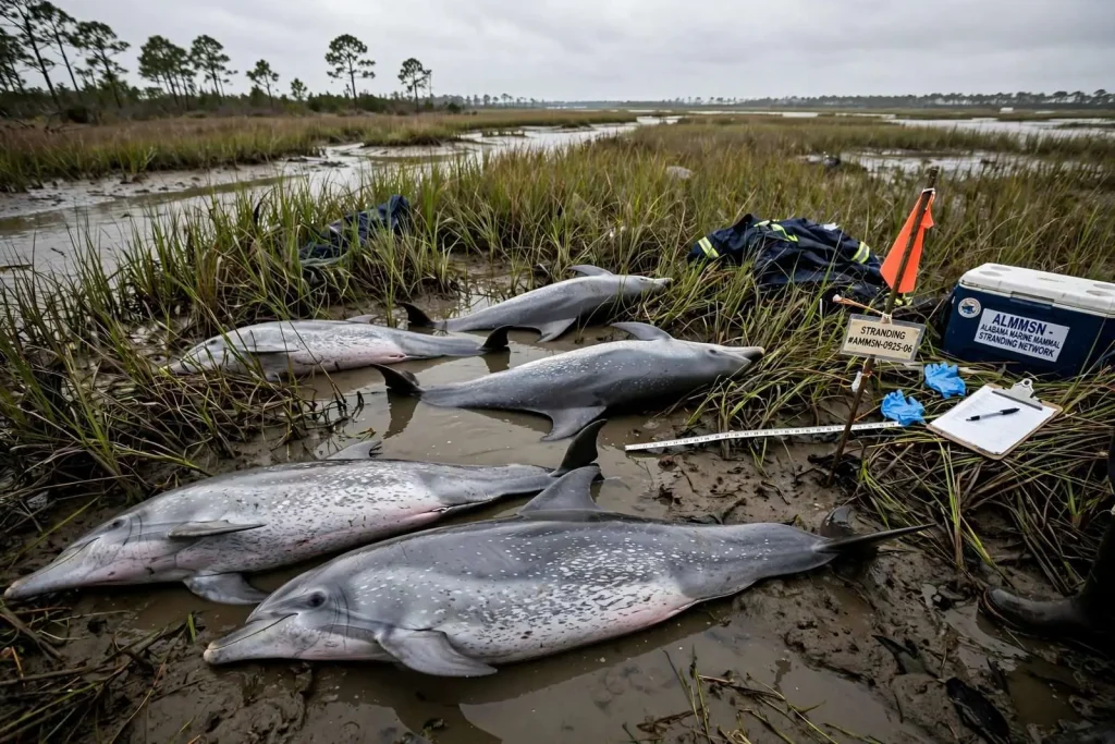 Illustration for the news story: Six dolphins found dead in Dauphin Island marsh in Alabama’s first mass stranding of its kind
