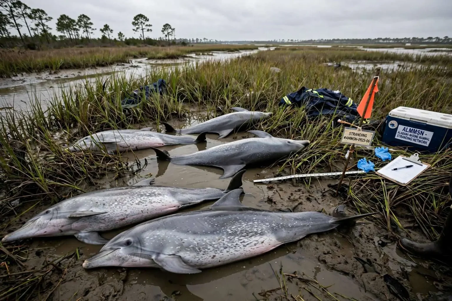 Illustration for the news story: Six dolphins found dead in Dauphin Island marsh in Alabama’s first mass stranding of its kind