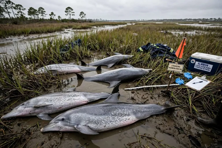 Illustration for the news story: Six dolphins found dead in Dauphin Island marsh in Alabama’s first mass stranding of its kind