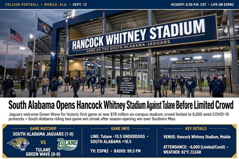 Illustration for the news story: South Alabama Opens Hancock Whitney Stadium Against Tulane Before Limited Crowd