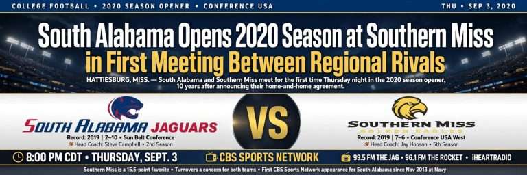Illustration for the news story: South Alabama Opens 2020 Season at Southern Miss in First Meeting Between Regional Rivals