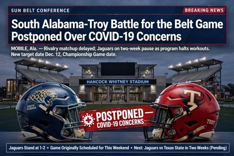 Illustration for the news story: South Alabama-Troy Battle for the Belt Game Postponed Over COVID-19 Concerns