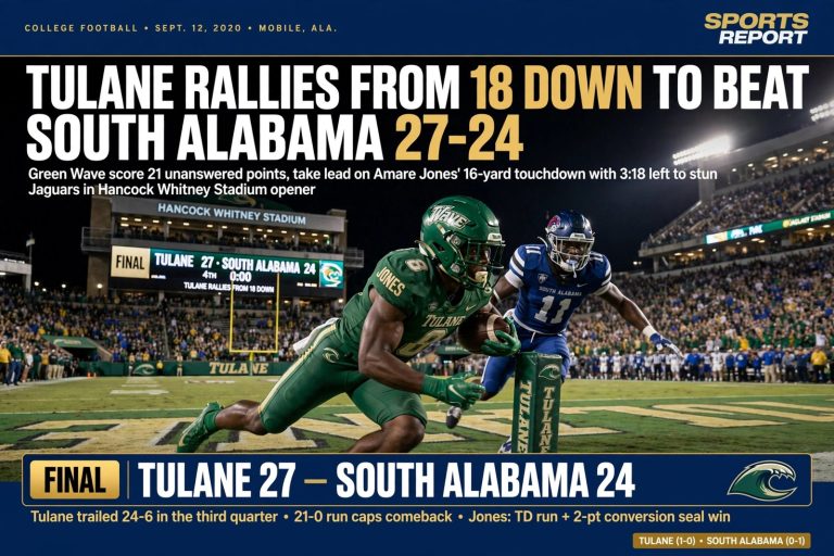 Illustration for the news story: Tulane Rallies From 18 Down to Beat South Alabama 27-24 in Hancock Whitney Stadium Opener