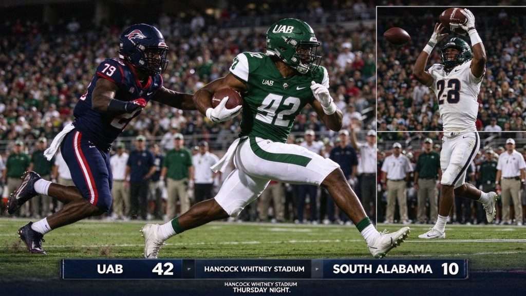 Illustration for the news story: UAB Overpowers South Alabama 42-10 at Hancock Whitney Stadium