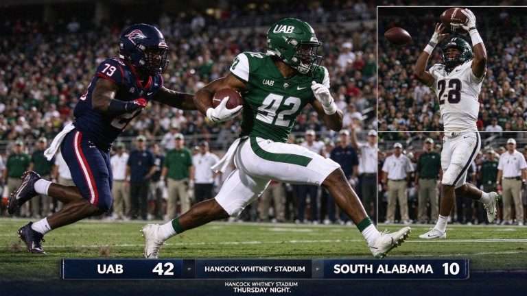 Illustration for the news story: UAB Overpowers South Alabama 42-10 at Hancock Whitney Stadium