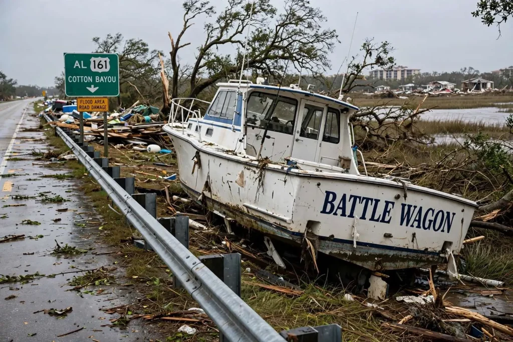 Illustration for the news story: The Story Behind the ‘Battle Wagon,’ the Boat Sally Left Beside Highway 161