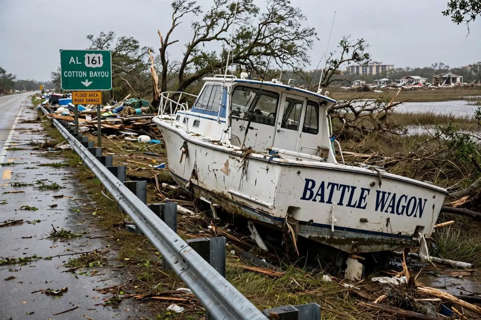 Illustration for the news story: The Story Behind the ‘Battle Wagon,’ the Boat Sally Left Beside Highway 161