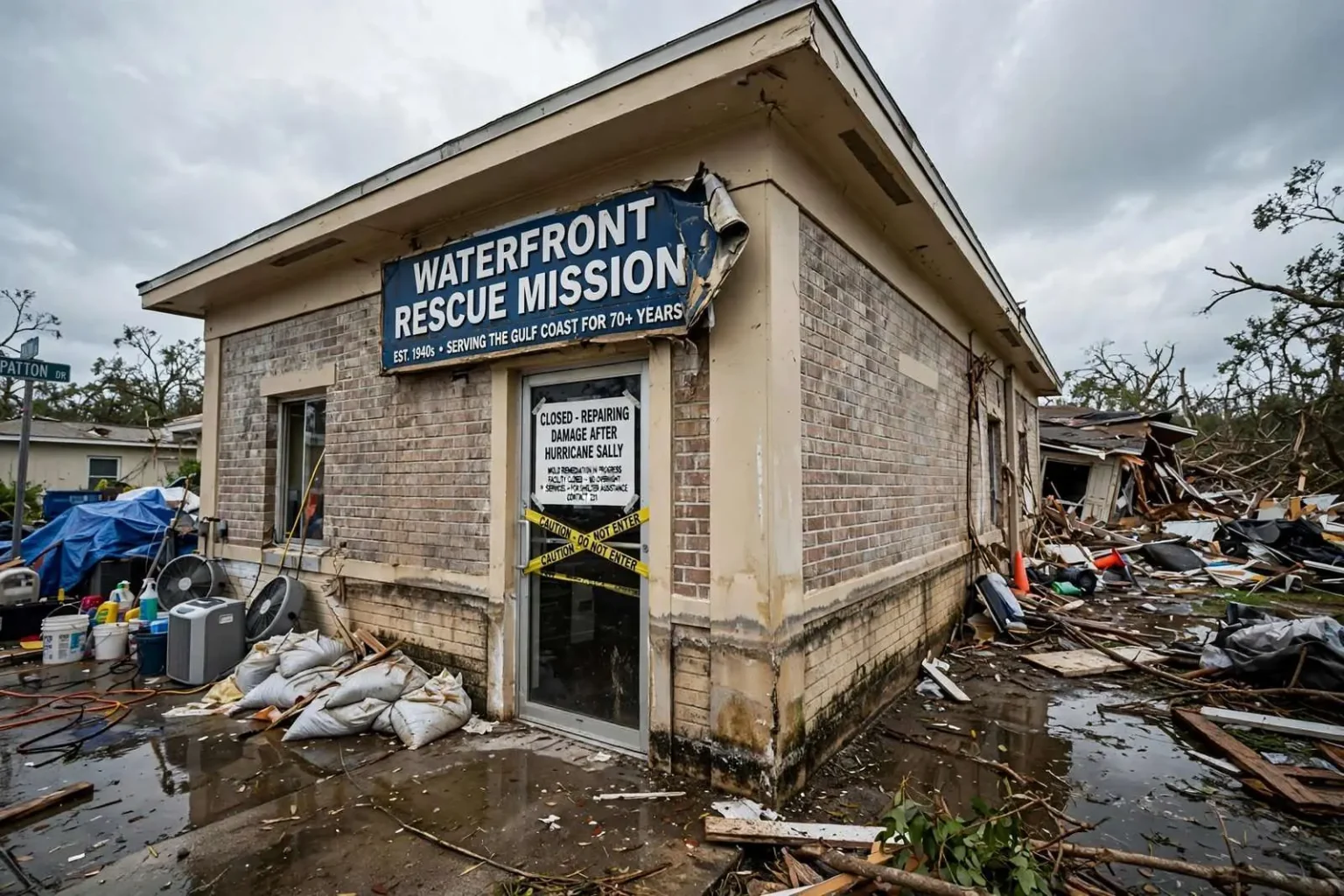 Illustration for the news story: Waterfront Rescue Mission Closed, Repairing Damage After Hurricane Sally