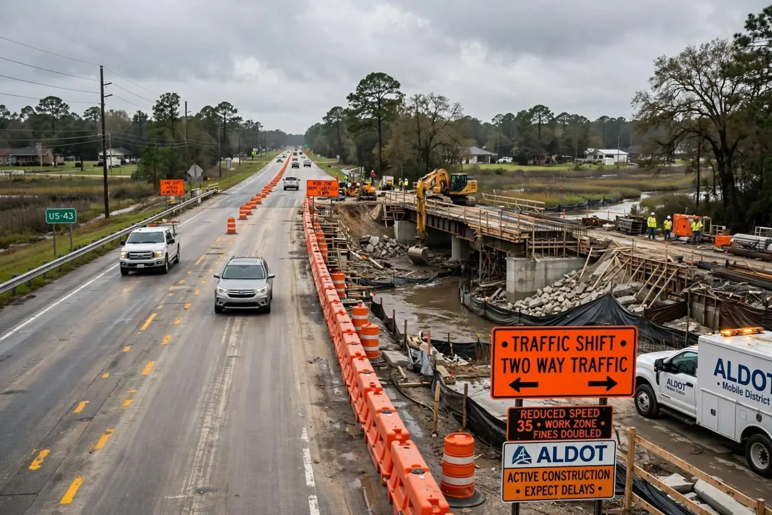 Illustration for the news story: ALDOT Shifts Traffic on US-43 as Crews Build New Southbound Bridge Over Steele Creek