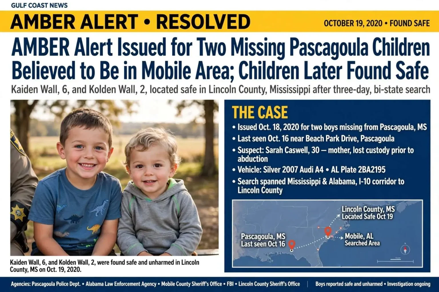 Illustration for the news story: AMBER Alert Issued for Two Missing Pascagoula Children Believed to Be in Mobile Area; Children Later Found Safe