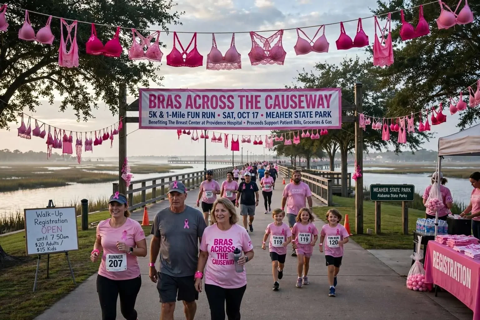 Illustration for the news story: Bras Across the Causeway 5K and Fun Run returns to Meaher State Park