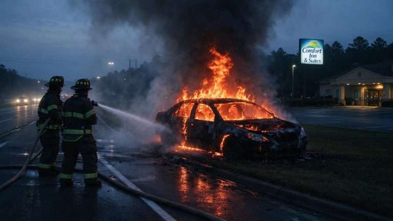 Illustration for the news story: Car Found Fully Engulfed in Flames Near I-65 Service Road Hotel in Mobile