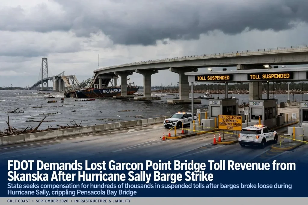Illustration for the news story: FDOT demands lost Garcon Point Bridge toll revenue from Skanska after Hurricane Sally barge strike