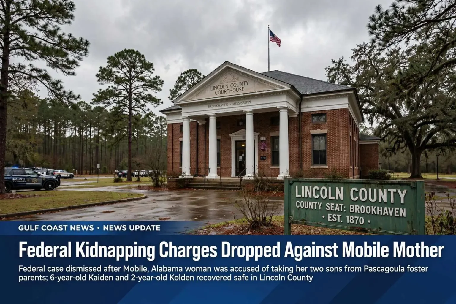 Illustration for the news story: Federal kidnapping charges dropped against Mobile mother accused of taking sons from Pascagoula foster parents