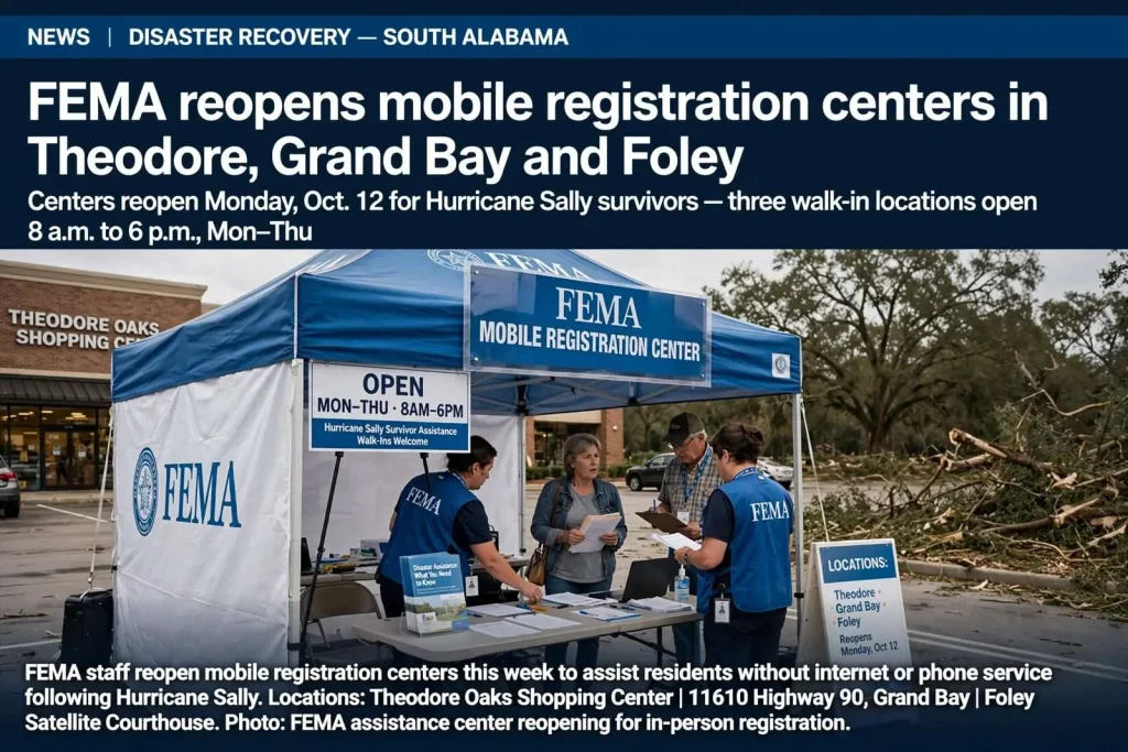 Illustration for the news story: FEMA reopens mobile registration centers in Theodore, Grand Bay and Foley