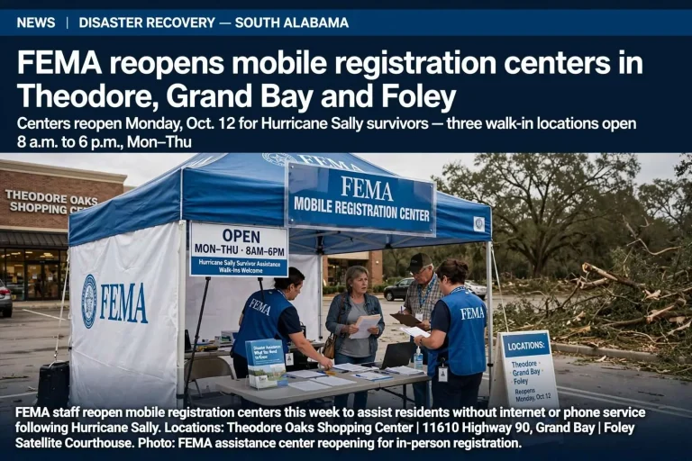 Illustration for the news story: FEMA reopens mobile registration centers in Theodore, Grand Bay and Foley