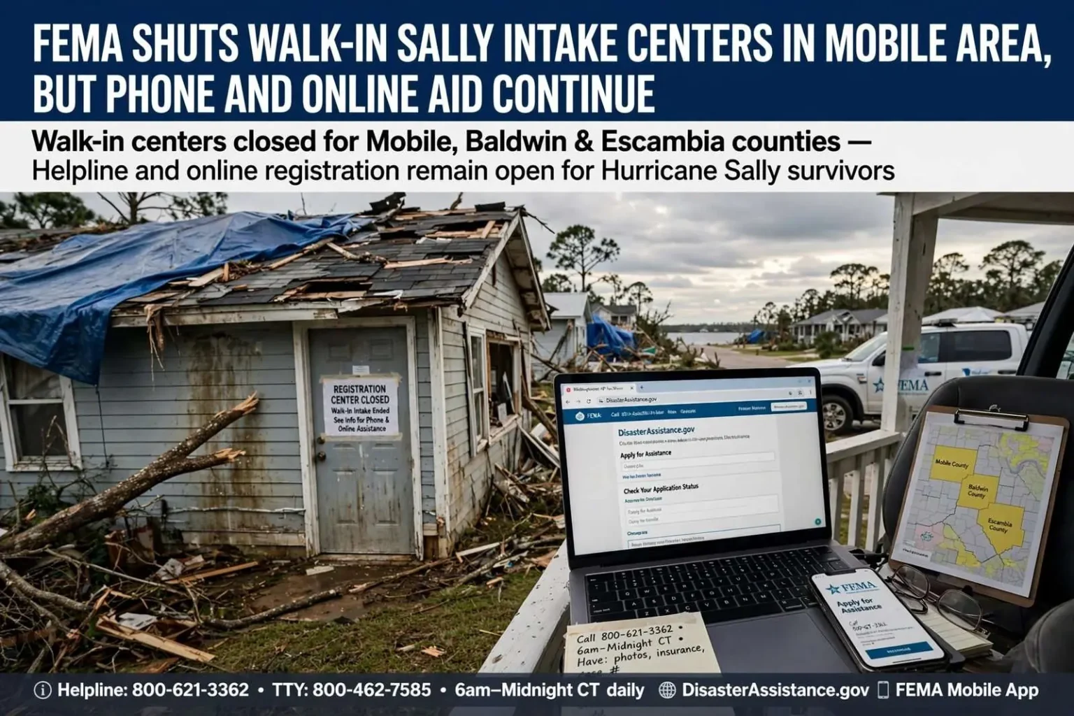 Illustration for the news story: FEMA Shuts Walk-In Sally Intake Centers in Mobile Area, but Phone and Online Aid Continue