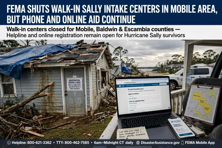 Illustration for the news story: FEMA Shuts Walk-In Sally Intake Centers in Mobile Area, but Phone and Online Aid Continue