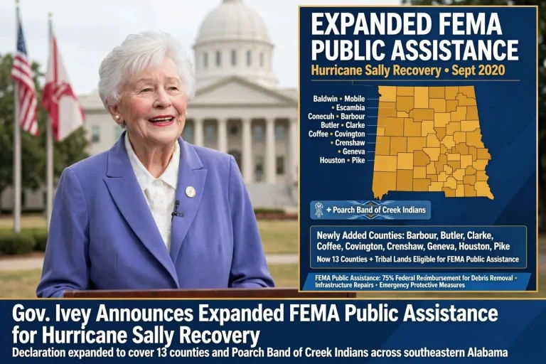 Illustration for the news story: Gov. Ivey Announces Expanded FEMA Public Assistance for Hurricane Sally Recovery
