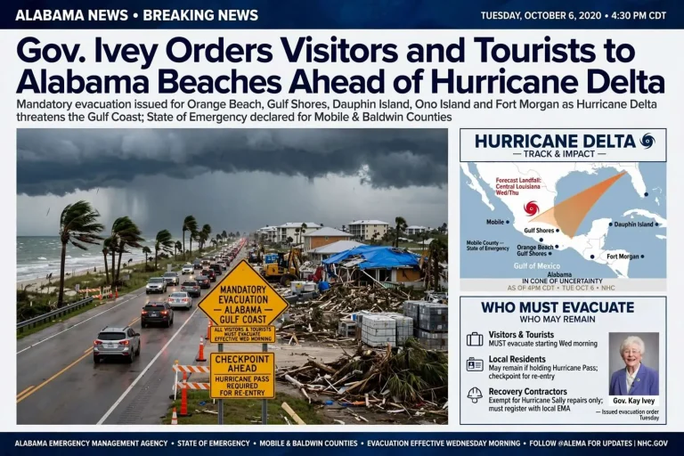 Illustration for the news story: Gov. Ivey Orders Visitors and Tourists to Evacuate Alabama Beaches Ahead of Hurricane Delta