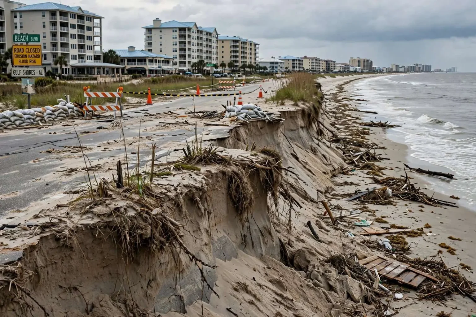 Illustration for the news story: Gulf Shores Says Sally Stripped 410,000 Cubic Yards of Sand, Leaving Beach Boulevard Exposed